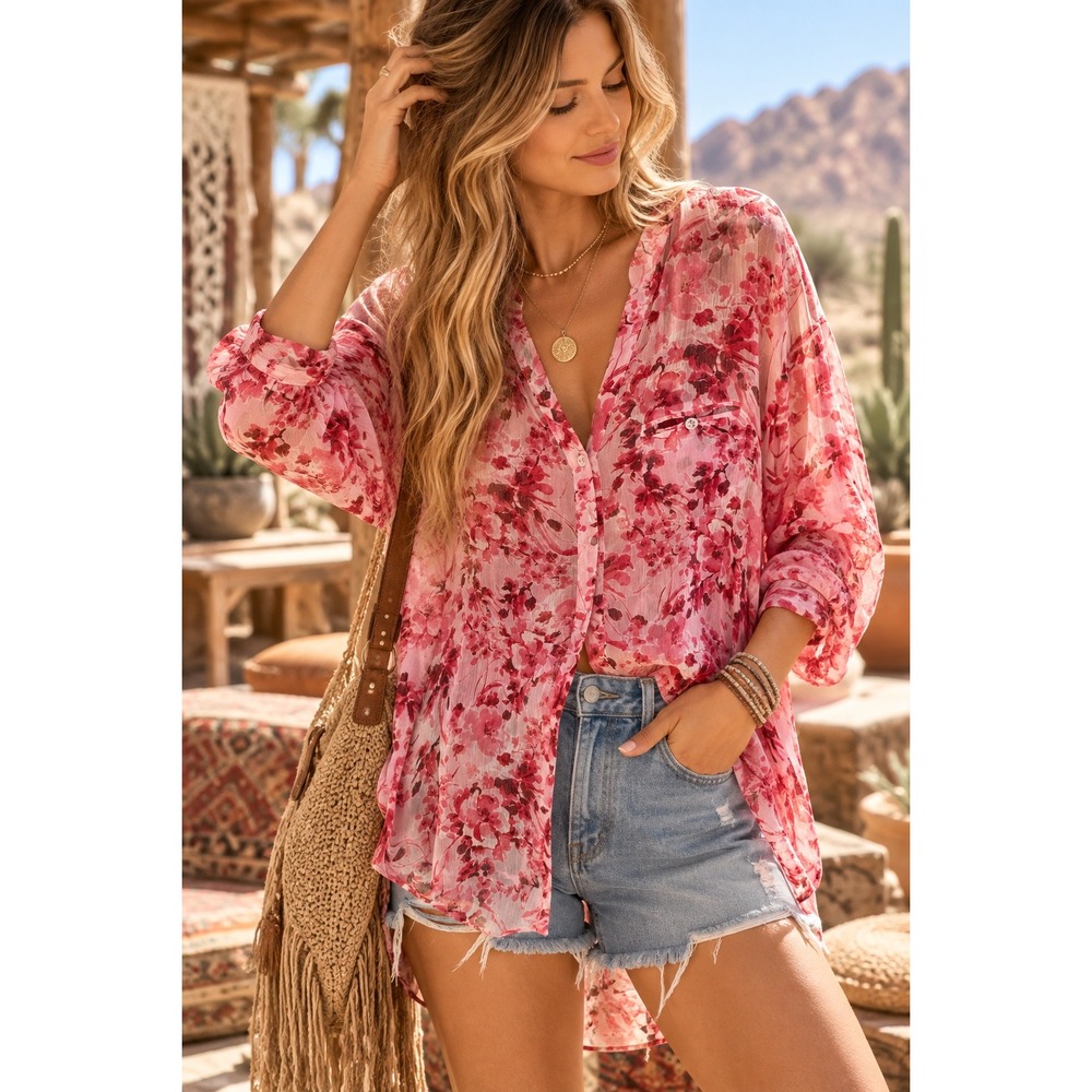 KUT from the Kloth Pink Floral Sheer Button Down Blouse KT32151 Medium